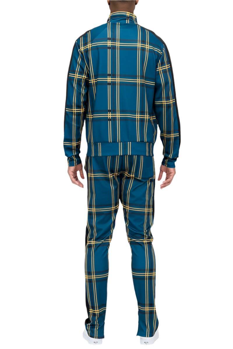 Men's Blue Yellow Track Jacket Set with Stylish Plaid Design from WEIV, Perfect for Casual Wear