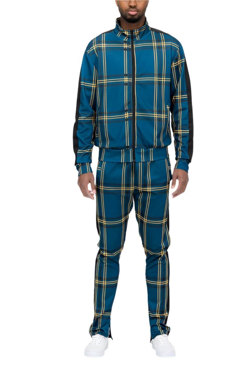 Men's blue yellow track jacket set featuring a stylish plaid design and comfortable fit