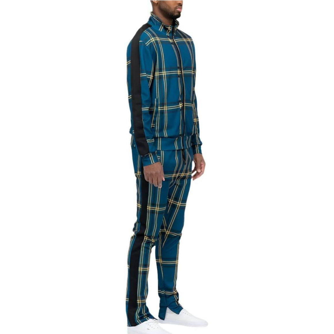 Men's blue yellow track jacket set with stylish plaid design for casual and athletic wear