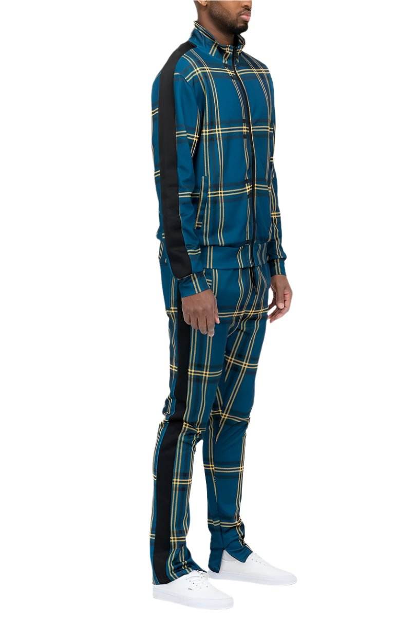 Men's blue yellow track jacket set with stylish plaid design for casual and athletic wear