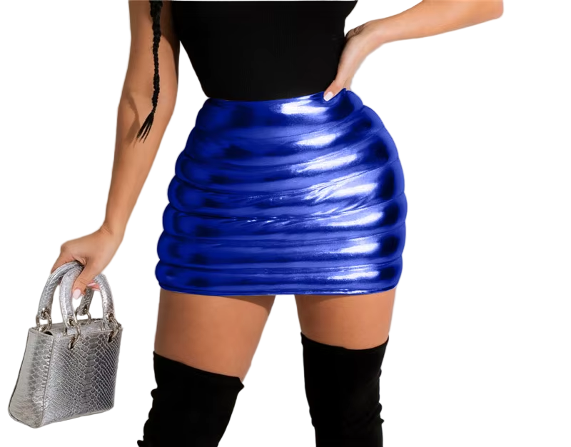 Person wearing a blue metallic skirt with a plain background