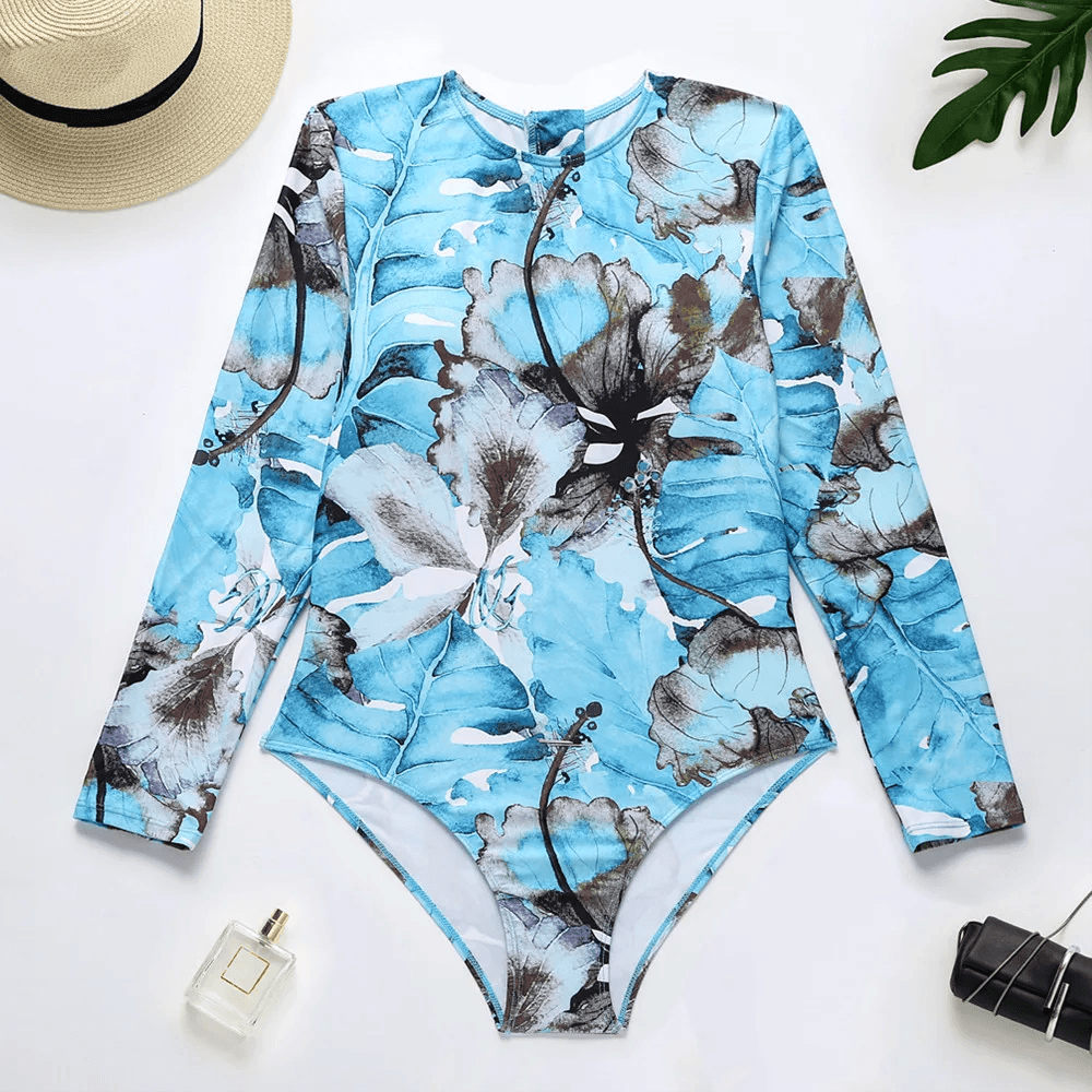 Women's Swimwear - 1PC Womens Long Sleeve Animal Print Zipper Front Swimwear