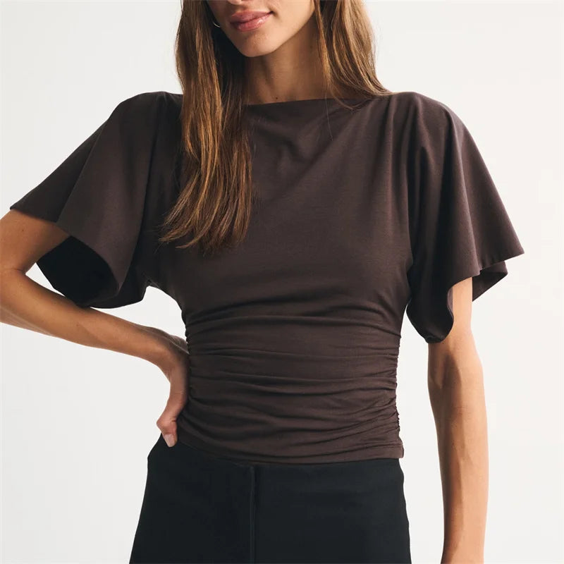 Women's brown boat neck top, soft fabric, stylish and comfortable