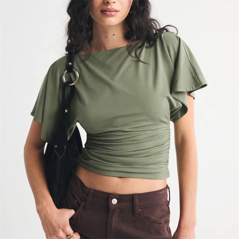 olive green boat neck top for casual outings with ruffled sleeves