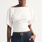 Women's white boat neck top, lightweight fabric for casual wear