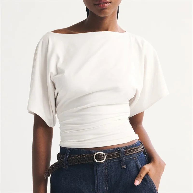 Women's white boat neck top, lightweight fabric for casual wear