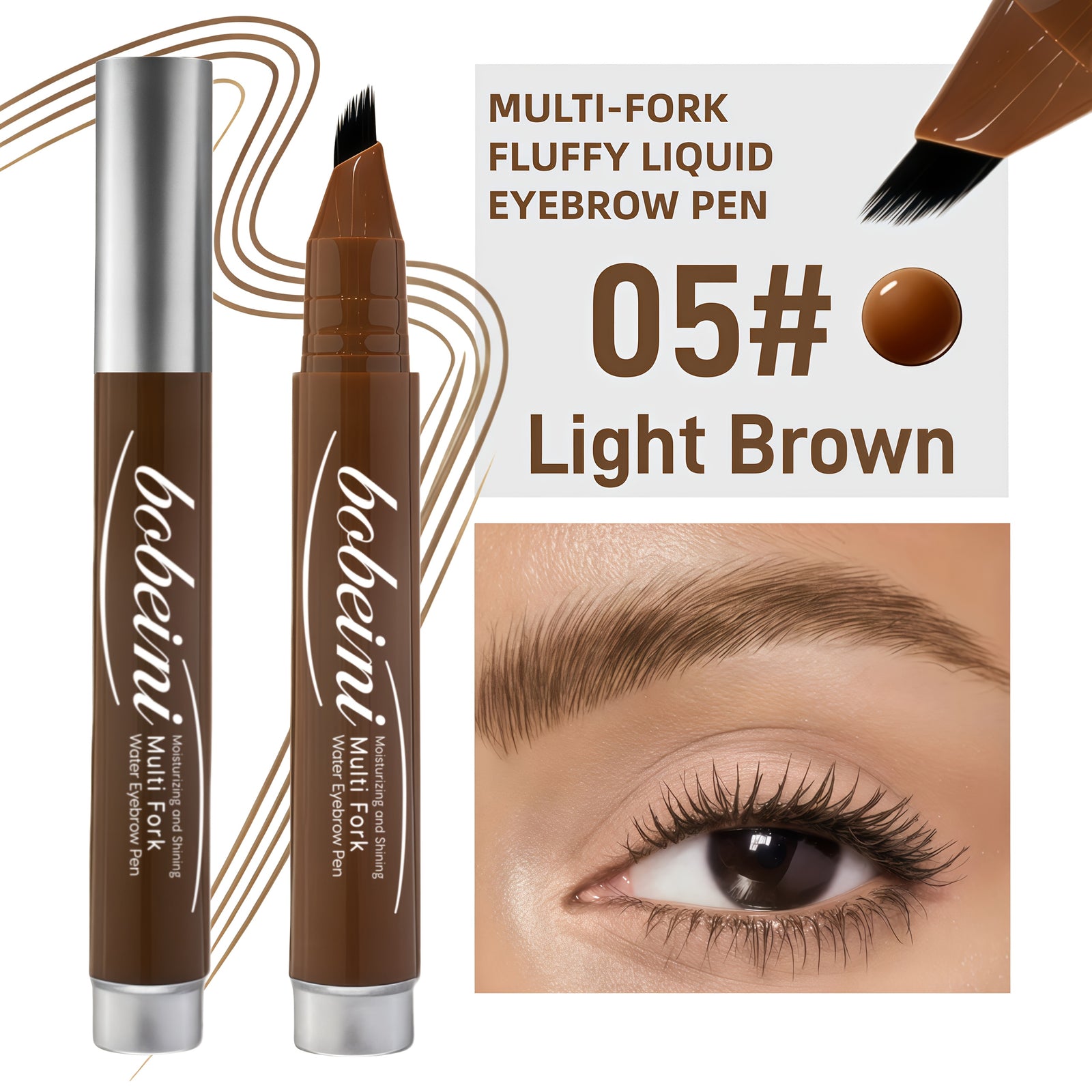 Bobeini multi-fork fluffy liquid eyebrow pen, light brown, travel friendly for precise brow styling