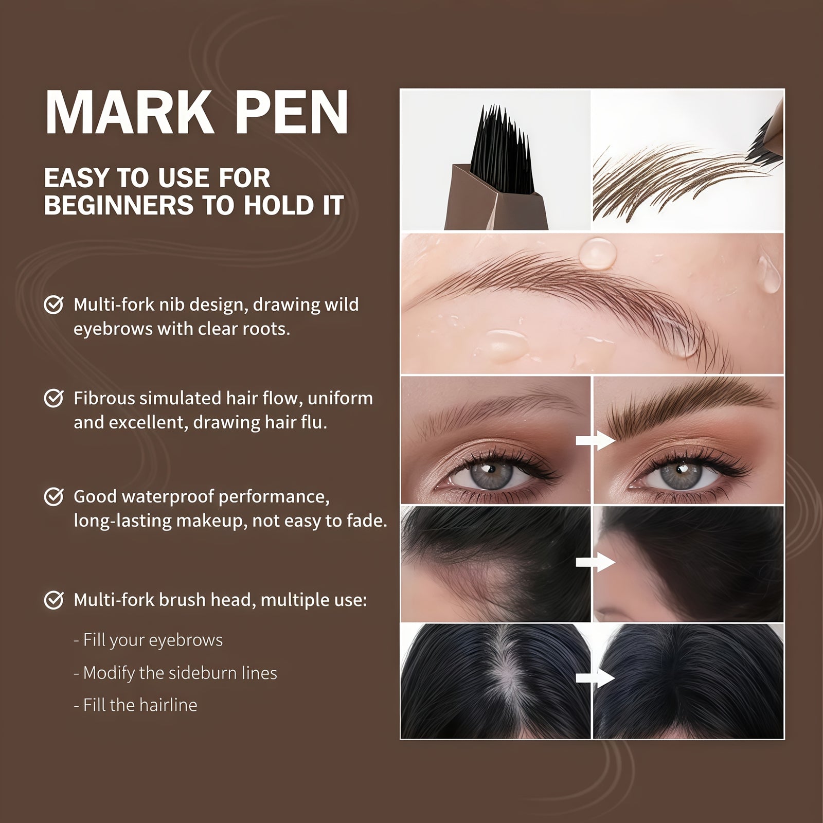 Travel friendly mark pen for brow makeup, multi-fork nib for easy use