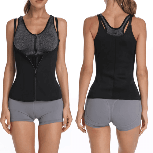Women's body shaper fitness corset in black, designed for support during workouts and contours the waist