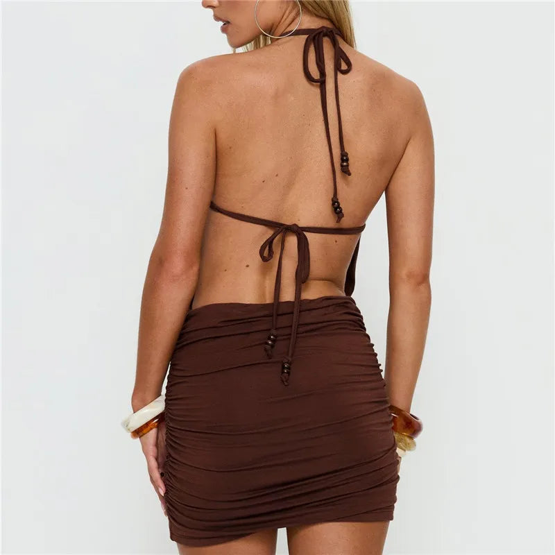 Brown ruched mini dress for summer parties and bodycon dress