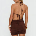 Brown ruched mini dress for summer parties and bodycon dress