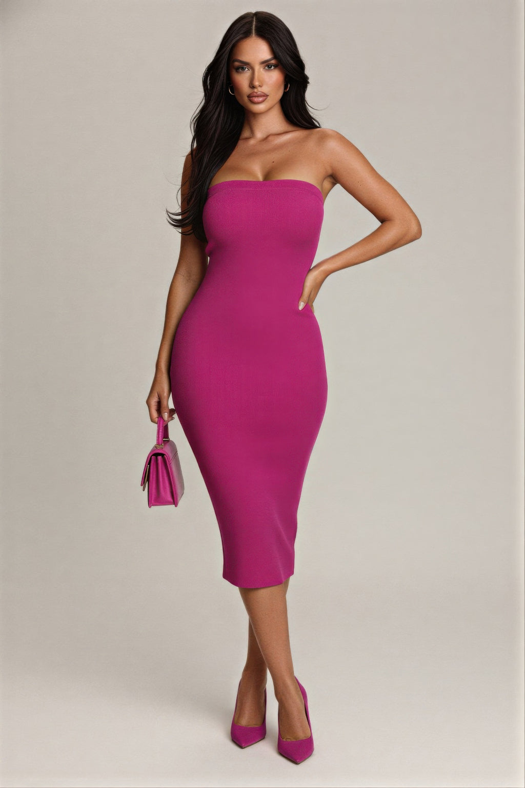 Pink strapless midi bodycon dress for stylish summer outings