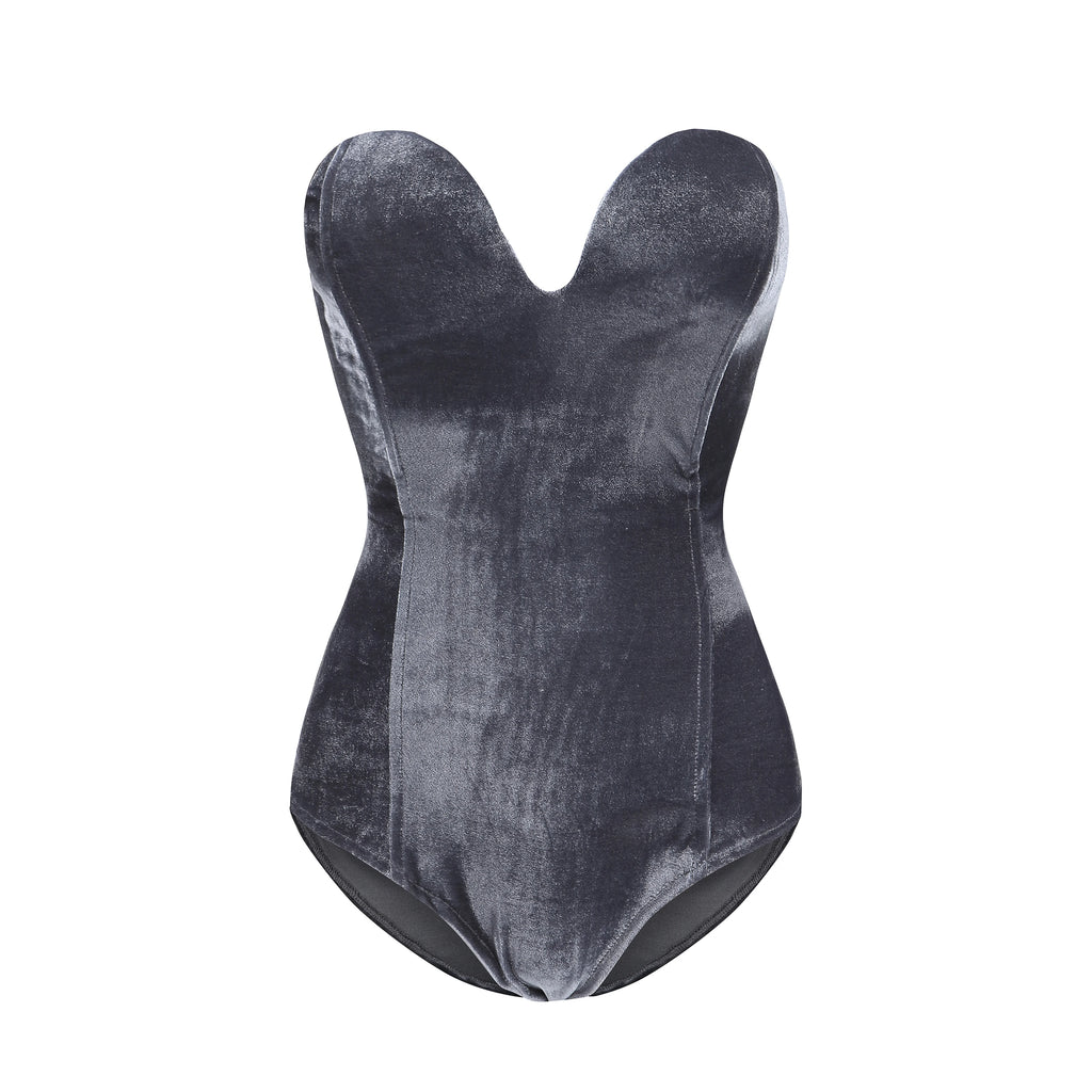 Women's dark gray velvet swimsuit and bodycon dress for beach outings
