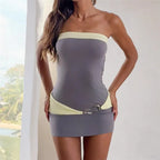 Women's gray and yellow strapless bodycon dress for summer outings