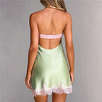 Women's green satin dress with lace trim and bodycon dress for summer outings