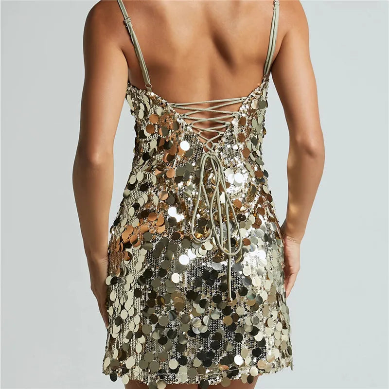Women's gold sequin bodycon dress, perfect for party wear.