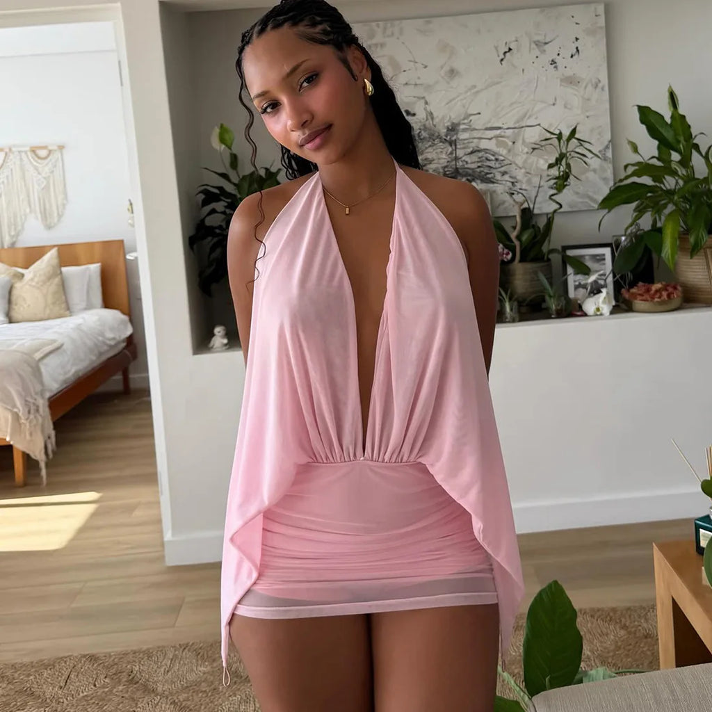 Pink halter neck cover-up and bodycon dress for beach outings