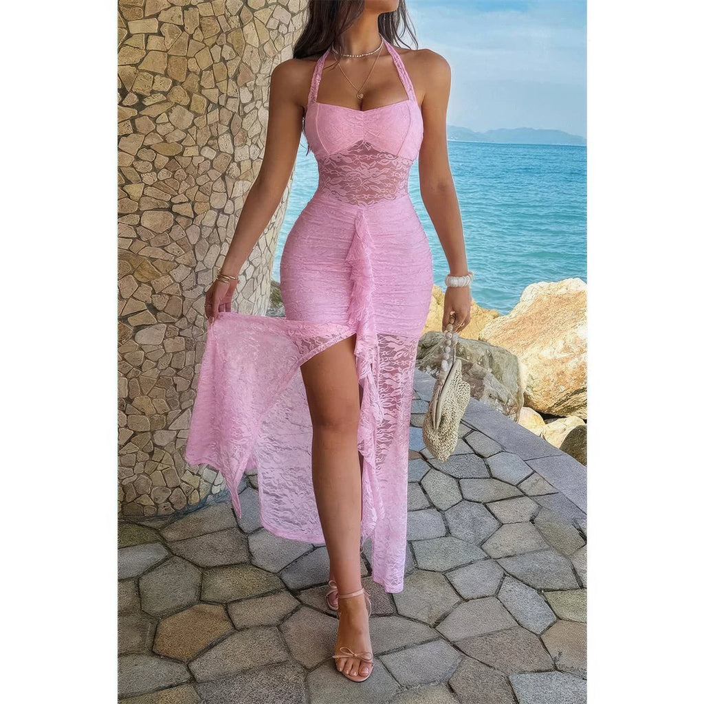 Pink lace midi dress with slit for summer parties and bodycon dress