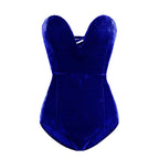 Velvet blue swimsuit with crisscross straps and bodycon dress