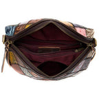 Open view of VacationGrabs bohemian crossbody bags with multiple compartments and colorful patchwork design