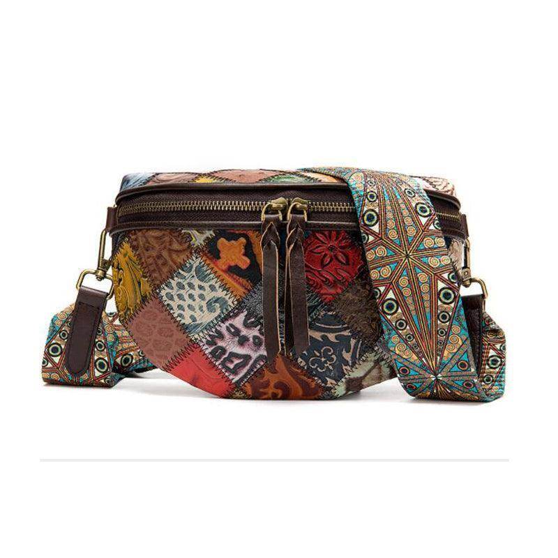 Colorful bohemian crossbody bag with intricate patchwork and adjustable strap for casual outings