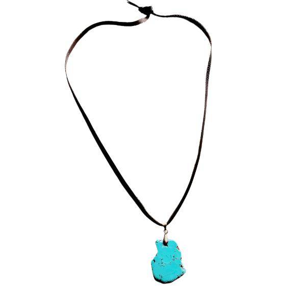 Turquoise bohemian style necklace on a black ribbon, featuring a unique stone pendant