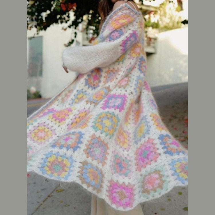 Colorful bohemian style sweater with a crochet design for a stylish and cozy look