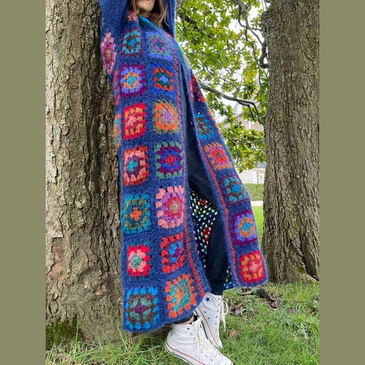 Cozy women's bohemian style sweater featuring colorful patchwork design, perfect for casual wear