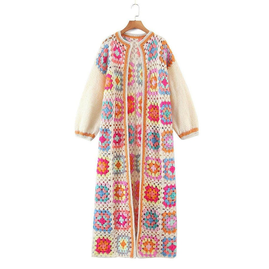 Colorful VacationGrabs bohemian style sweater with a long crochet design and vibrant patterns