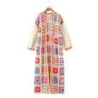 Colorful long women's coat featuring a bohemian style sweater design with intricate patterns