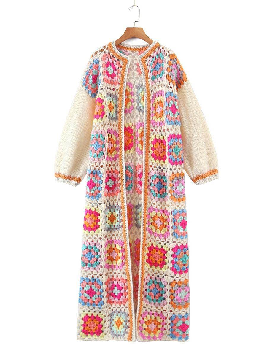 Colorful long women's coat featuring a bohemian style sweater design with intricate patterns