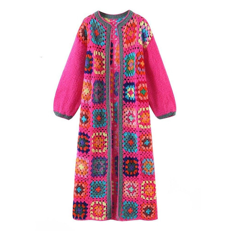 VacationGrabs Bohemian style sweater in vibrant pink with colorful floral patterns and long sleeves