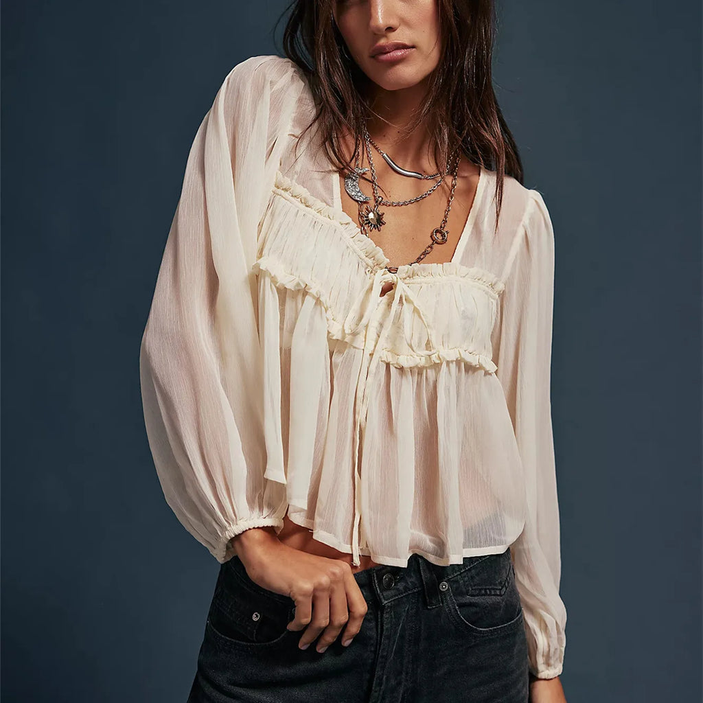 Women's cream boho blouse, lightweight fabric, perfect for casual outings