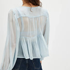 Women's light blue boho blouse, sheer fabric, casual wear