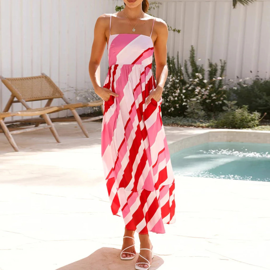 Women's boho bride dress in pink and red stripes, perfect for summer events
