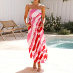 Women's boho bride dress in pink and red stripes, perfect for summer events