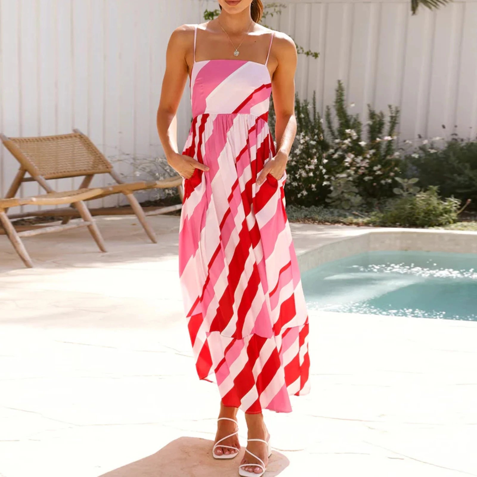 Women's boho bride dress in pink and red stripes, perfect for summer events