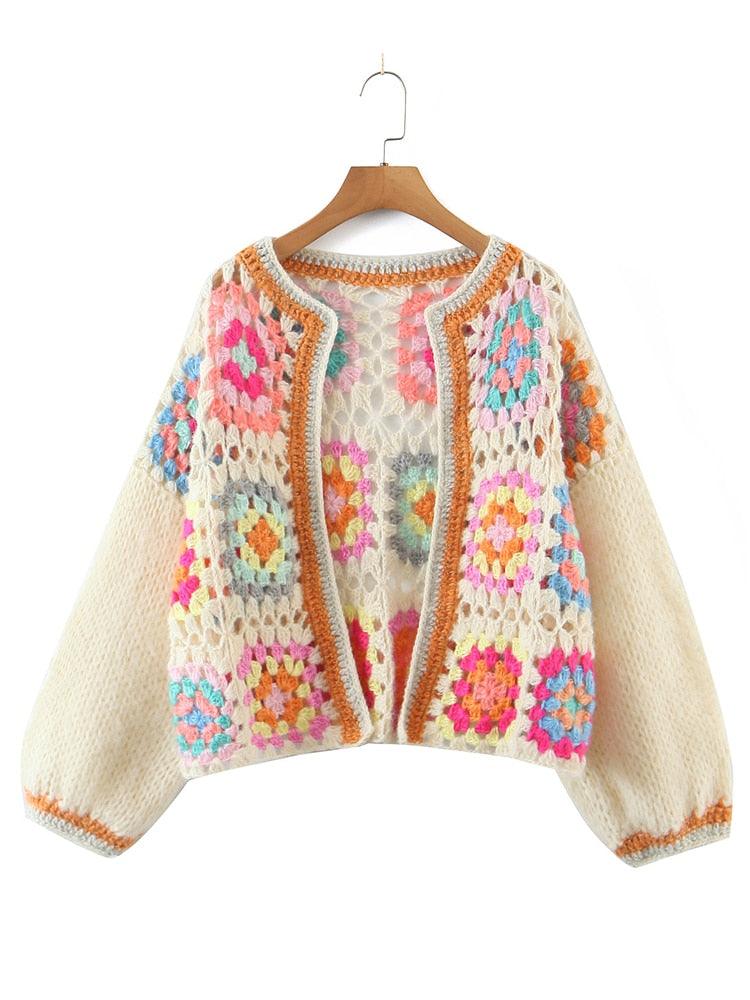 Women's Sweaters Boho Colored Flower Patch Handmade Crochet Cardigan