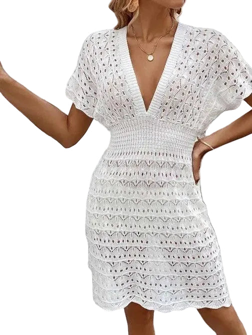 Miss Sparkling white boho crochet beach dress women's swimwear cover up with deep V neckline