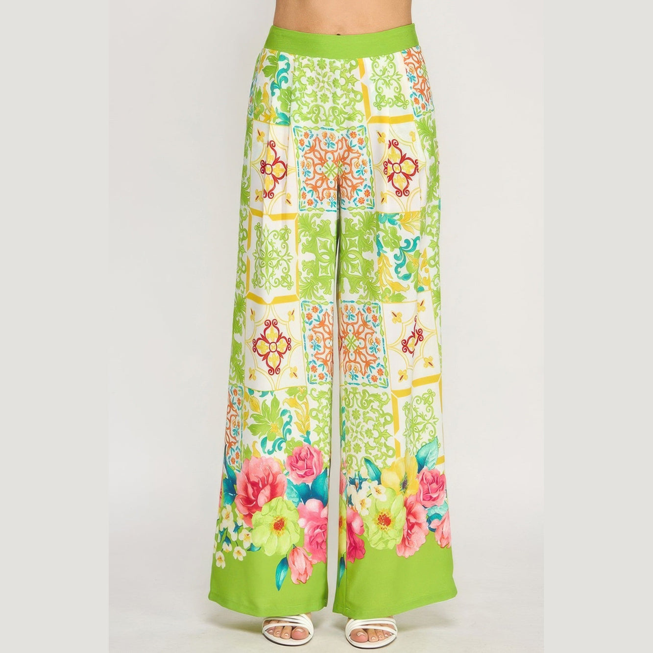 VacationGrabs women's colorful boho elastic waist trousers with floral and geometric patterns
