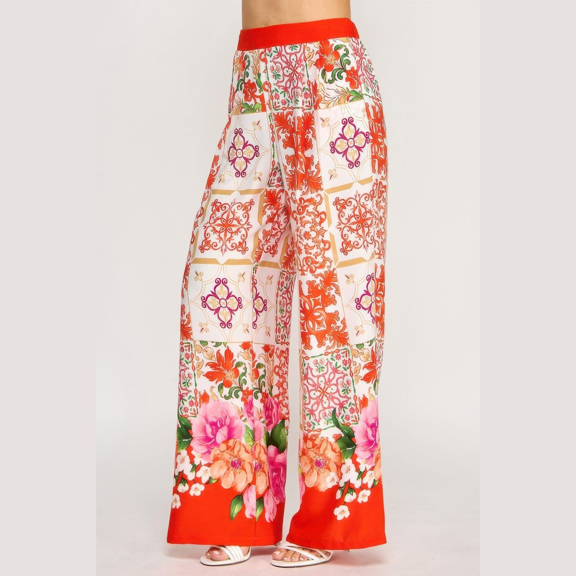 Women's boho elastic waist trousers with colorful floral and geometric patchwork print from VacationGrabs