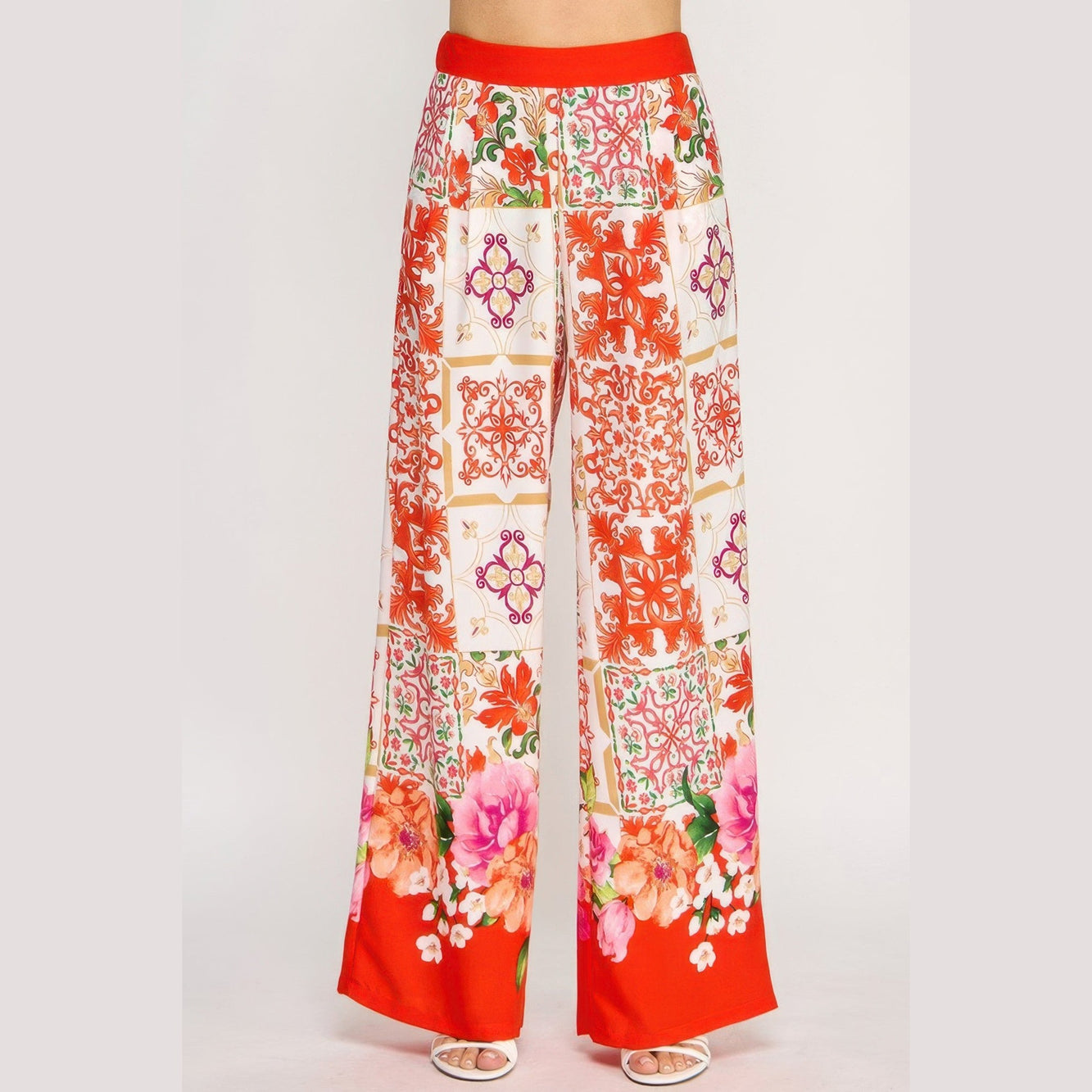 VacationGrabs women's boho elastic waist trousers with colorful floral and geometric print
