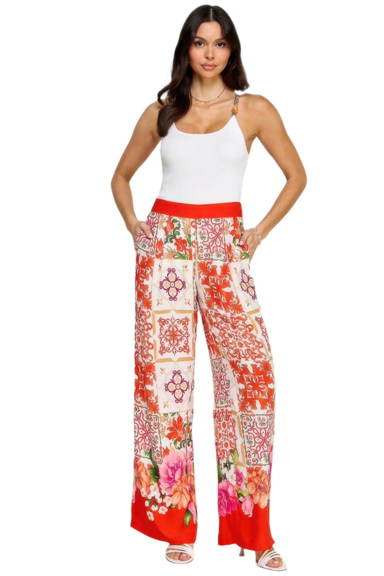 VacationGrabs women's boho elastic waist trousers with vibrant floral and tile print in red and white