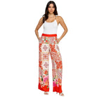 VacationGrabs women's boho elastic waist trousers with vibrant floral and tile print in red and white