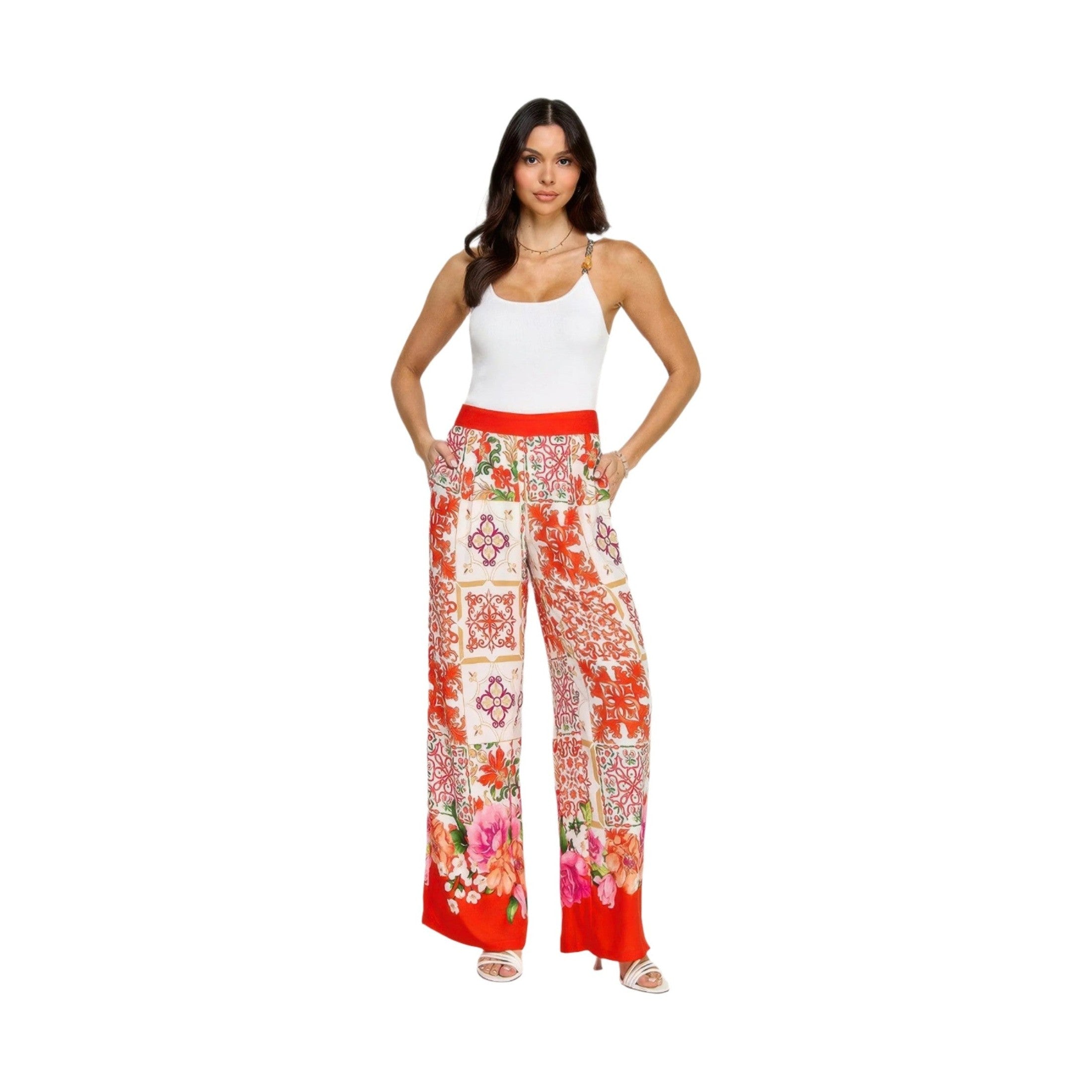 VacationGrabs women's boho elastic waist trousers with vibrant floral and tile print in red and white