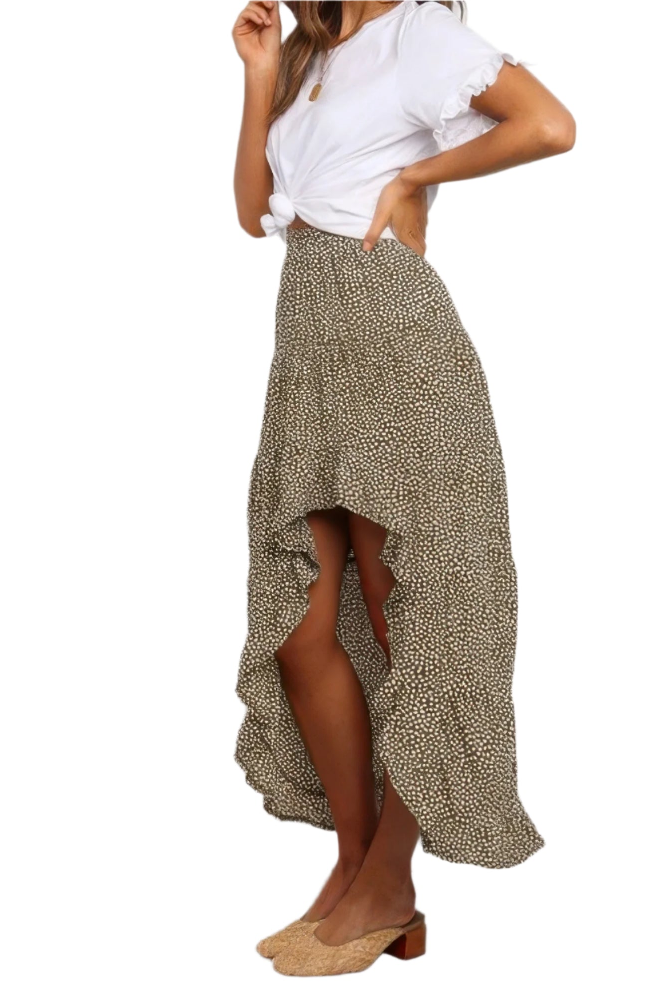 VacationGrabs boho floral midi skirt with high-low ruffle hem worn with white knotted top
