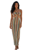 VacationGrabs boho maxi bikini set featuring a colorful patterned swimsuit and matching cover-up dress
