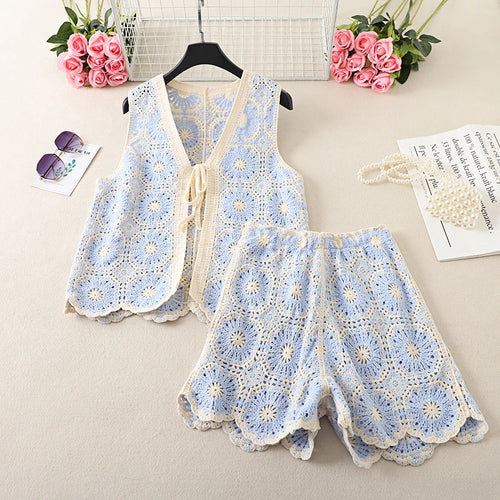 Light blue crochet boho outfit for women, perfect for summer outings