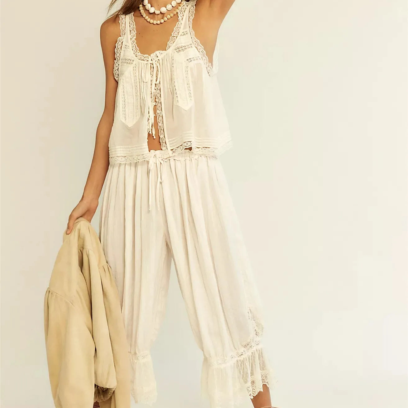 Women's cream lace boho outfit for women, perfect for summer outings