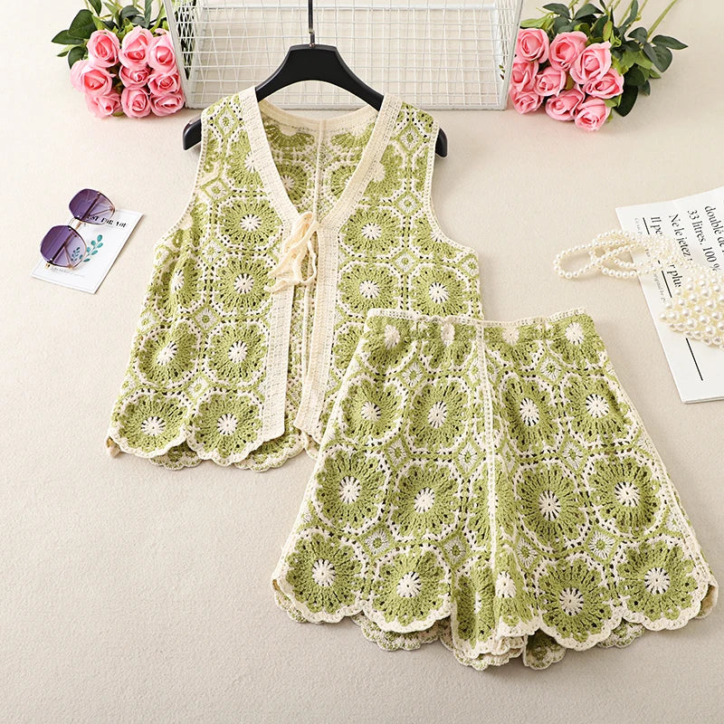 Women's green crochet boho outfit for women, perfect for summer events
